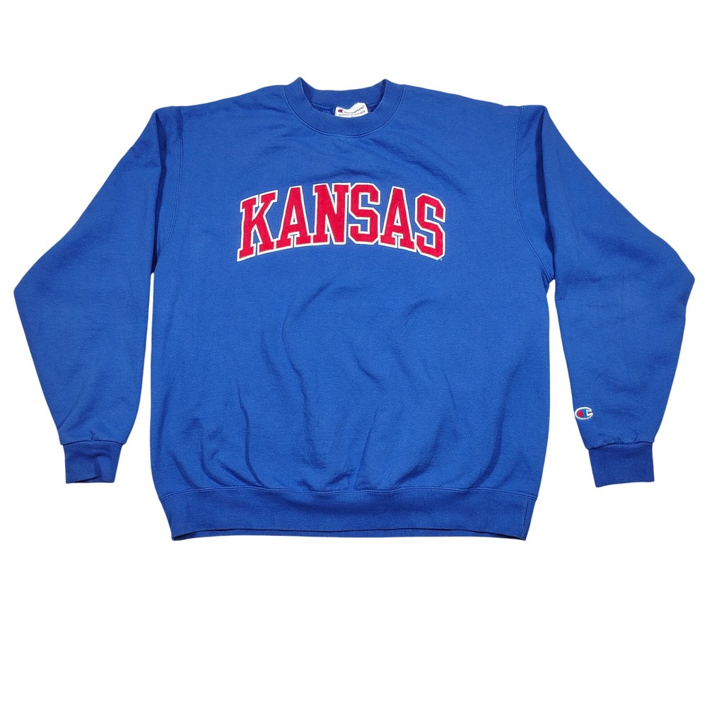 Kansas Jayhawks Champion Sweatshirt Men XL Blue Arched Graphic Cotton Blend